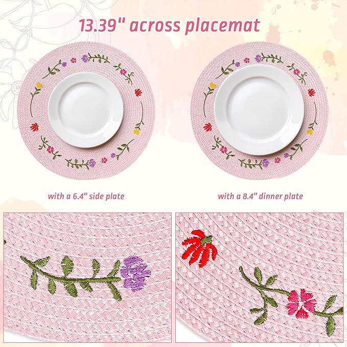 Whaline 4Pcs Round Placemats Spring Flower Embroidered Place Mats Pink Floral Dinner Table Mats for Home Holiday Wedding Bridal Baby Shower Birthday Party Decor