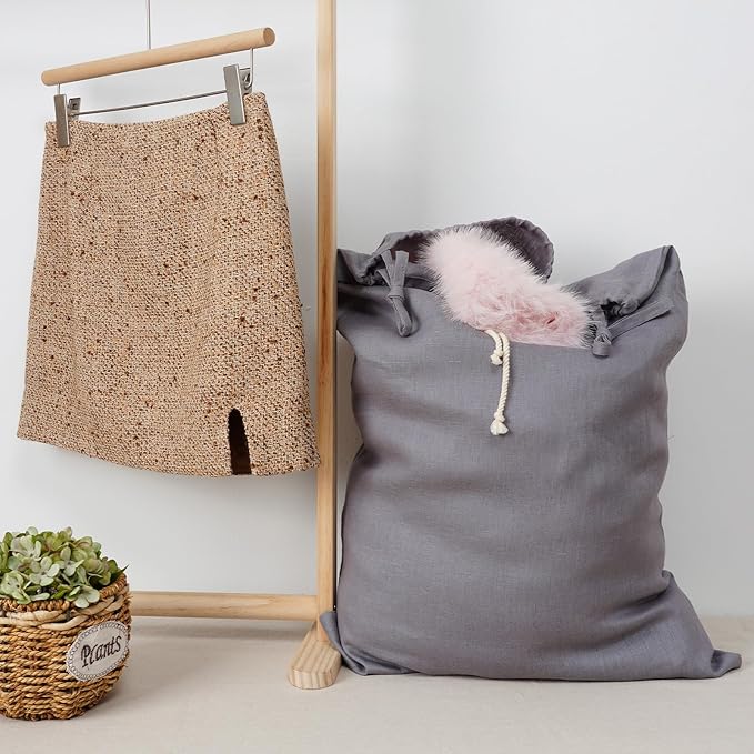Linen Hanging Laundry Bag, Over The Door Laundry Hamper for Dirty Clothes, Drawstring Closure with Bottom Zipper, Gray