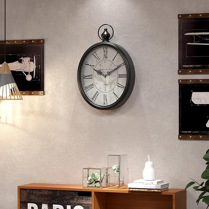 Menterry Oval Retro Wall Clock, Rustic Vintage Style, Black Antique Design, Battery Operated Silent Decor Large Wall Clocks for Kitchen,Farmhouse,Office (15.5" H x 10.5" W)