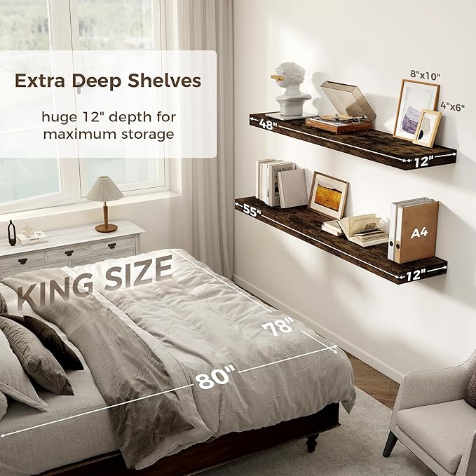 Floating Shelves 55 Inch Long, 55 x 12 Large Floating Shelf Wall Mounted, 12 Inch Wide Floating Shelves for Fireplace Mantel, 2" Thicked Storaged Shelves for Living Room, Bedroom, Rustic Brown, 1 Pack