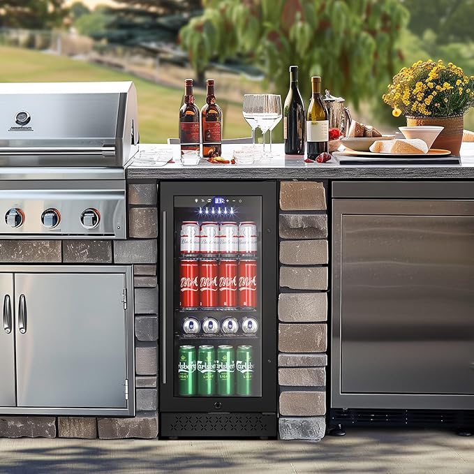 Tylza 15 Inch Beverage Refrigerator, Under Counter/Freestanding Drink Fridge, 130 Cans Beverage Cooler with Glass Door, Reversible Door, Low Noise, Quick Cooling - for Beer, Soda, ETC, Black