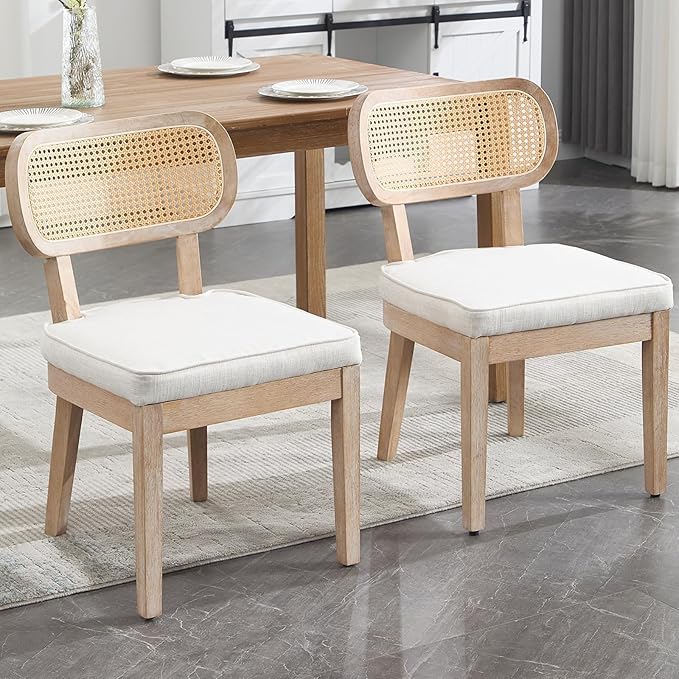 Rattan Dining Chairs Set of 2, Linen Fabric Farmhouse Dining Room Chairs with Cane Back Curved Backrest Kitchen Chairs Rustic Armless Side Chairs for Dining/Living Room/Restaurant, Beige