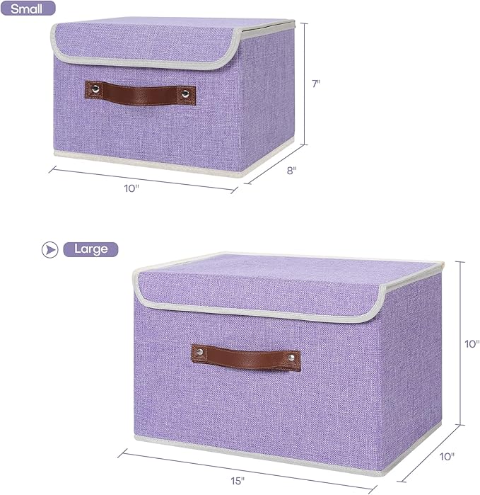 ANMINY Storage Bin with Lid Storage Boxes with PU Leather Handles PP Plastic Board Decorative Foldable Lidded Cotton Linen Fabric Home Cubes Baskets Closet Organizer Container - Purple, Large Size