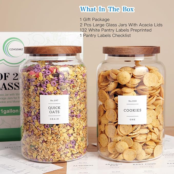 Set of 2 Large Glass Flour and Sugar Containers with 132 Pantry Labels - Glass Food Storage Jars with Airtight Bamboo Lid for Flour Pasta Candy Coffee Cookie and More(1 Gallon/4000 ml)