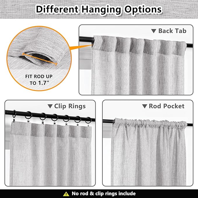 MYSKY HOME 90 Inch Farmhouse Curtains for Living Room, Sliding Door Patio Drapes for Doorways Soft Semi Sheer Light Filtering Window Decor, 50" Width x 90" Length, Light Grey, 2 PCs