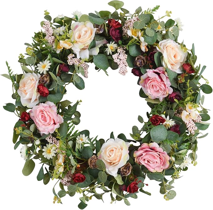 WANNA-CUL 24 Inch Large Spring Rose Wreaths for Front Door,Spring Front Door Wreath with Pink and Wine Red Floral Door Wreath with Eucalyptus Leaves for Wedding or Indoor&Outdoor Decorations
