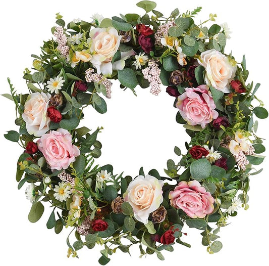 WANNA-CUL 24 Inch Large Spring Rose Wreaths for Front Door,Spring Front Door Wreath with Pink and Wine Red Floral Door Wreath with Eucalyptus Leaves for Wedding or Indoor&Outdoor Decorations
