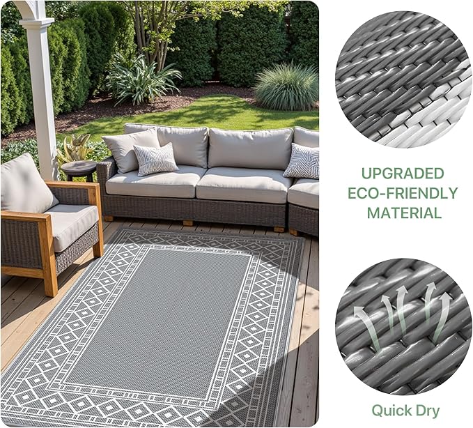 GENIMO Outdoor Rug Waterproof for Patio Decor, 8'x10' Reversible Outdoor Plastic Straw Rug Carpet, Camping Mats for Outdoor Decor, RV, Backyard, Deck, Balcony, Picnic, Grey & White