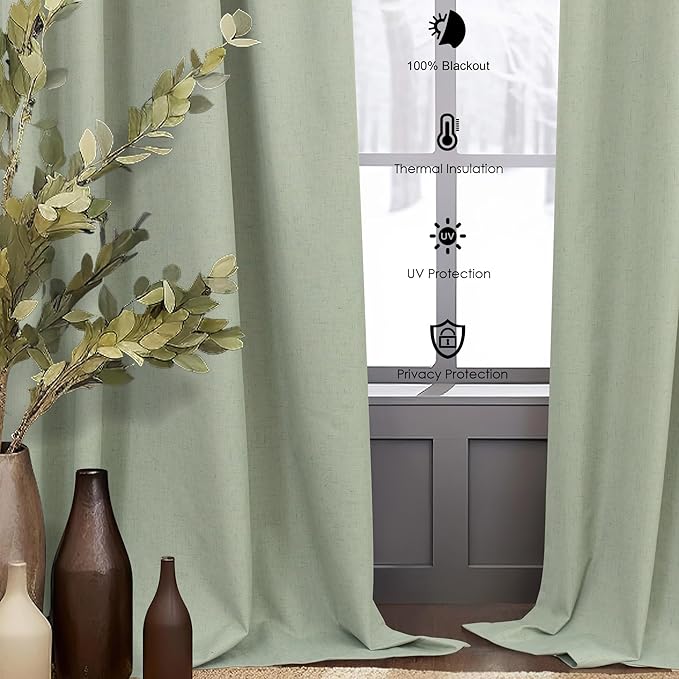 96 Inch Curtains 2 Panels Set Drapes 96 Inches Long Spring Curtain for Living Room Sage Green Black Out Linen Room Darkening Blackout Thermal Vertical Patio Blinds for Sliding Glass Doors Vintage Boho