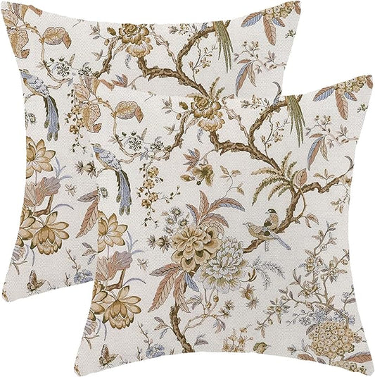 CXMEIFLY Spring Floral Birds Pillow Covers 18 x 18 Inch Set of 2 for Chinoiserie Flowers Decor Throw Pillows Brown and White Plant Outdoor Decorative Cushion Cases for Couch Bed Decorations