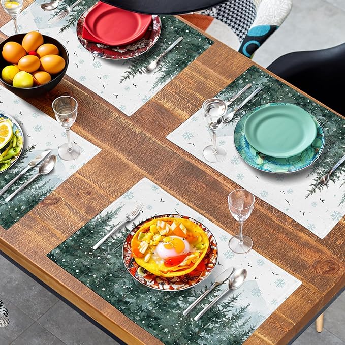 Winter Pine Tree Snowflake Placemats Set of 4 Christmas Snow Green Forest Place Mat 12x18 Inch Seasonal Xmas Holiday Rustic Nature Washable Fabric Table Mats for Farmhouse Kitchen Dining Decoration