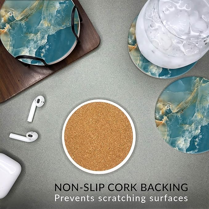 Emerson Coasters for Drinks Absorbent – Natural Stone Drink Coasters Set with Holder, Coasters for Coffee Table, Wooden Tabletop Protection Marble Style – 100% Heavy Duty Set of 6 (Seaside)