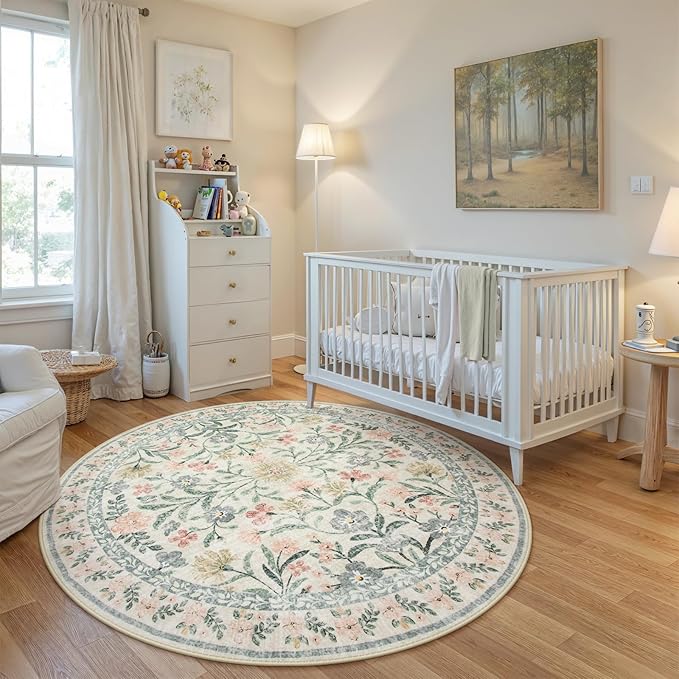 Wonnitar Floral Round Rugs 6ft, Boho Large Machine Washable Circle Rug, Low Pile Soft Flower Botanical Print Beige Round Carpet for Living Room Bedroom Dorm Sunroom