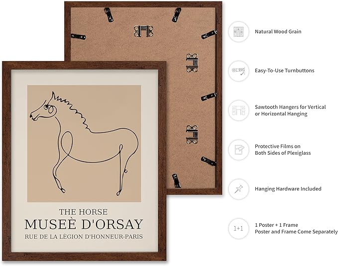 Poster Master Vintage Poster - Retro Minimalist Print - Gift for Artist, Friend - Horse, Line Drawing, Sketch, Abstract - Wall Decor for Living Room, Bedroom, 8x10 Brown Framed