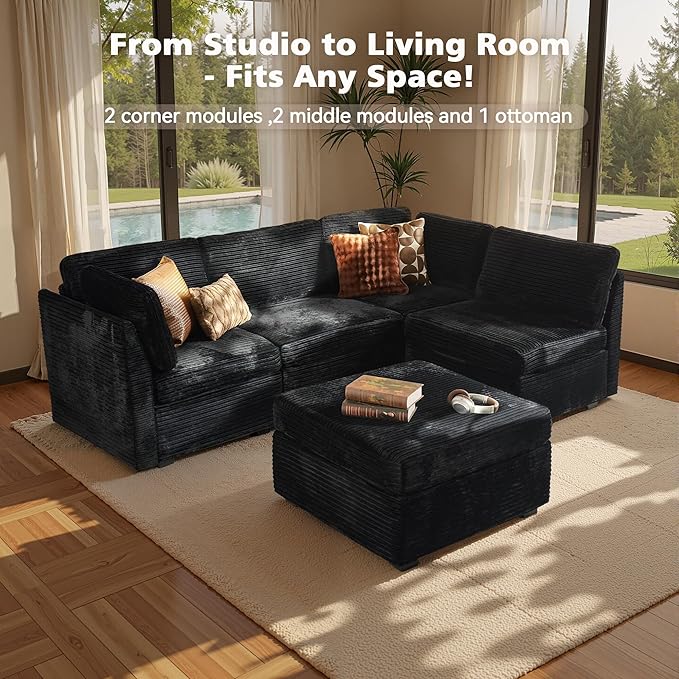 Modular Sectional Sofa, 130.7" L Shaped Couch Set for Living Room, 4-Seater Comfy Cloud Couches with Movable Ottoman, DIY Combination, Plush Corduroy, Black