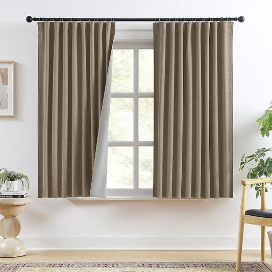 RAIN CITY Linen Brown Blackout Curtains 2 Panels Set,Back Tab Pleated Curtains Hidden Tab with Hooks,Energy Efficinet Linen Polyester Blend Drapes for Bedroom Modern Classic W50xL63 Linen Brown