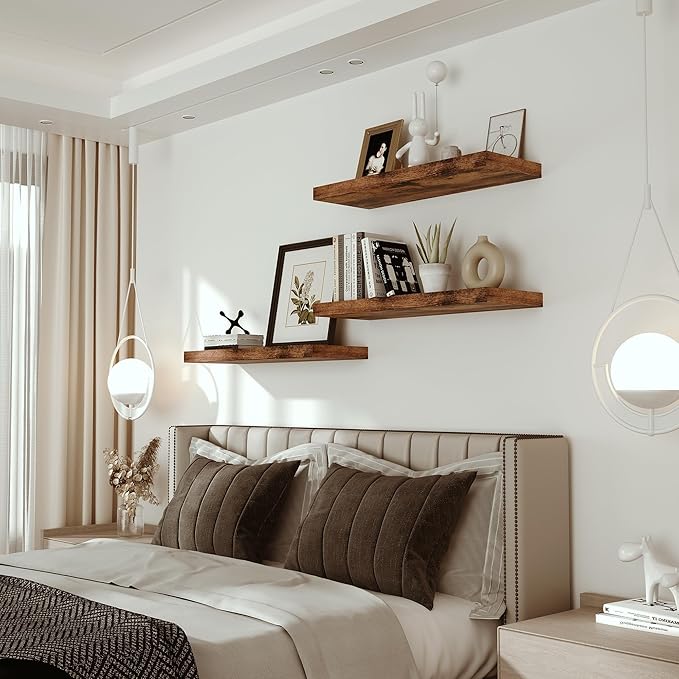 Floating Shelves for Wall 24 inchs Long, 9.1” Deep x 1.5” Thick Wall Shelves for Bedroom, Living Room, Bathroom，Kitchen, Office, Rustic Farmhouse Shelf Decor with Invisible Bracket, Set of 2