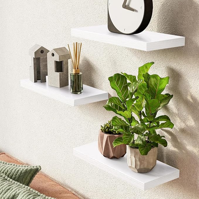 BAYKA Floating Shelves for Wall – Rustic Wood Wall Shelves with Metal Brackets for Bathroom, Bedroom, Kitchen, or Living Room Decor – White, Set of 3, Sturdy Storage with 22lb Capacity