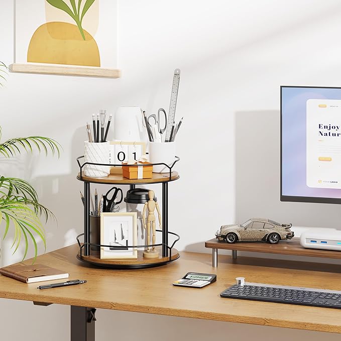 Lazy Susan Organizer 2 Tier - Turntable Spice Rack for Table Top, Wooden Rotating Lazy Susan for Cabinet Pantry Kitchen Countertop Dining Table Cupboard Bathroom Vanity Storage