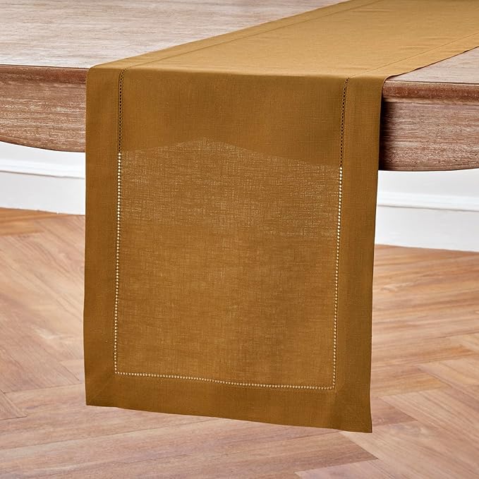 Solino Home Linen Brown Sugar Table Runner 90 Inches Long - 100% Pure Linen 14 x 90 Inch Table Runner for Fall, Autumn, Thanksgiving - Classic Hemstitch