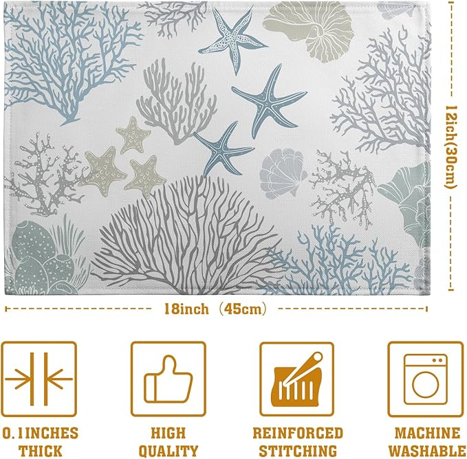 Summer Linen Placemats Set of 4 Nautical Coastal Theme Washable Non-Slip Heat Resistant Table Place Mat 12×18 Inch Ocean Beach Blue Grey Coral Starfish Place Mats for Kitchen Dining Table