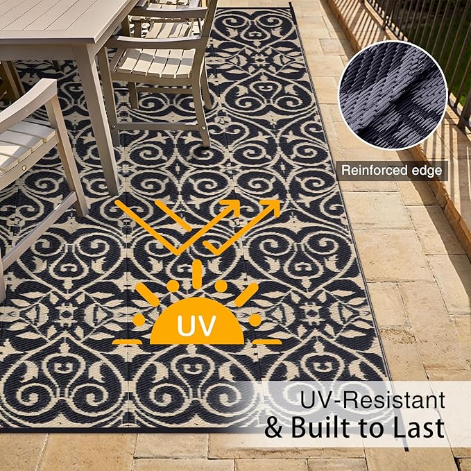 OLANLY Outdoor Rug Waterproof 8x10 ft Clearance, Reversible Outdoor Plastic Straw Rug with Floral Pattern, RV Mat for Patio, Camping, Balcony, Deck, Backyard, Black & Beige