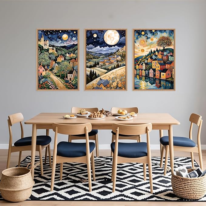 LHIUEM Large Abstract Colorful Framed Canvas Wall Art,Retro Night Village Wall Decor,Natural Moon Stars Wall Painting,Gustav Klimt Scenery Artwork for Living Room,Bedroom,Dining Room,Office -24"x36"x3