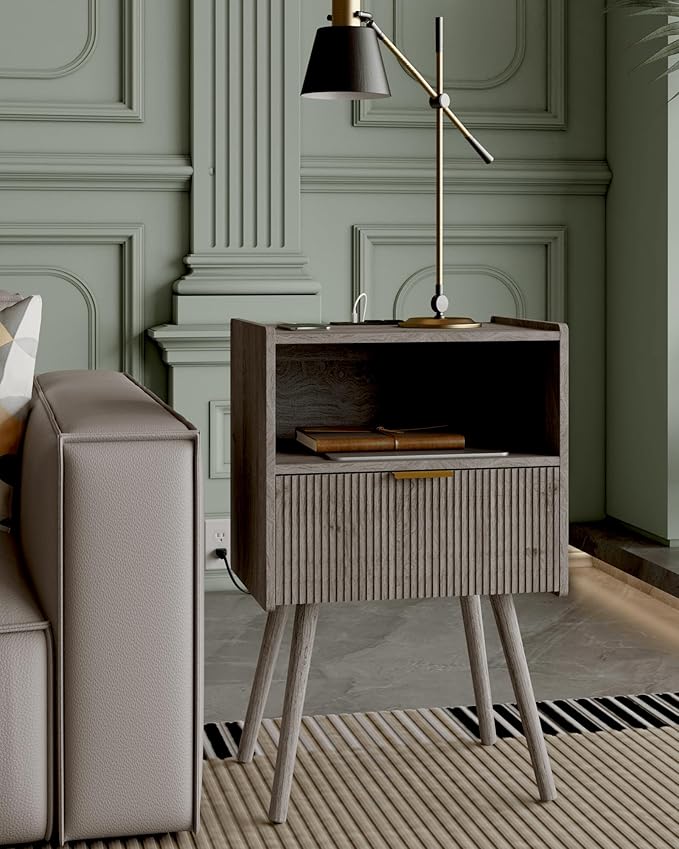 Nightstand,Modern Bedside Table with Storage Drawer and Open Wood Shelf, Accent Night Stand with Solid Wood Legs for Living Room, Bedroom and Small Spaces,Easy Assembly (Grey Oak-Outlet)