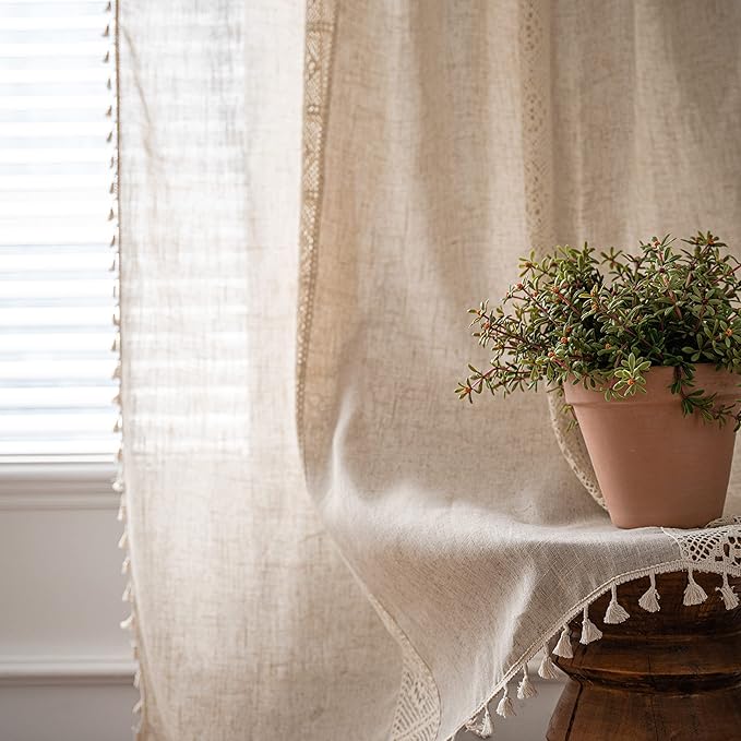 Sutuo Home Boho Curtain Semi-Blackout Crochet Hollow Lace Patchwork with Textured Linen Fabric, Handmade Tassels Rod Pocket Bohemian Window Drapes for Living Bedroom, 59" W x 84" L, 1 Panel