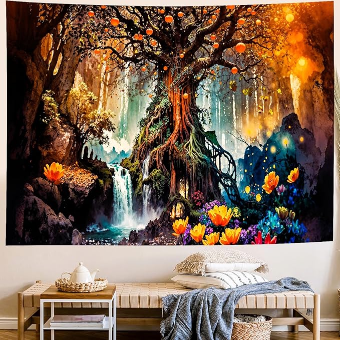 Delur Magical Forest Tapestry Fantasy Tree of Life Fairy Tale Enchanted Mystical Forest Tapestry Psychedelic Nature Landscape Wall Hanging Headboard for Bedroom Living Room Home Decor (59.1" x 78.7")