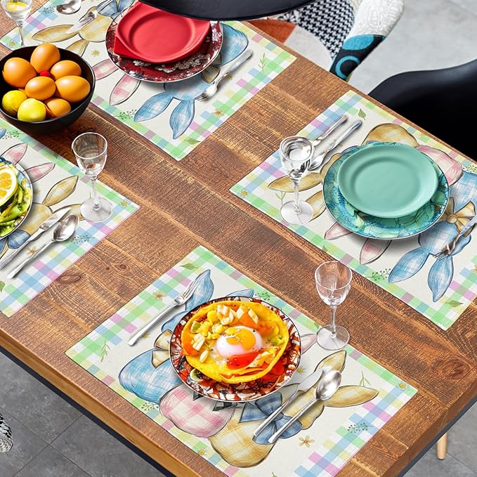 Easter Bunny Placemats Set of 4 Green Blue Pink Yellow Buffalo Plaid Rabbits Floral Bow Place Mats 12x18 Inch Happy Easter Table Mats for Spring Party Kitchen Dining Holiday Decor