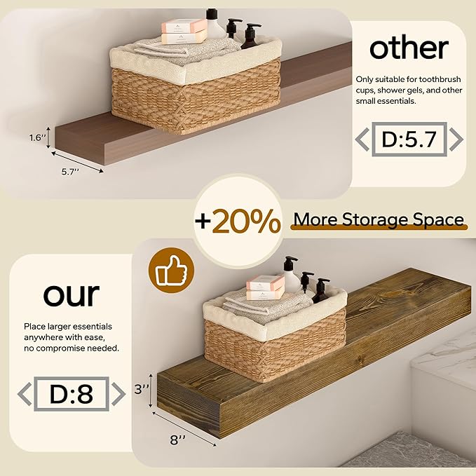 Floating Shelves 3 inch Thick for Wall Set of 2,Solid Pine Wood Wall Mount Shelf for Kitchen Living Room Bedroom Bathroom,8" D x 60" L x 3" H-Black Walnut