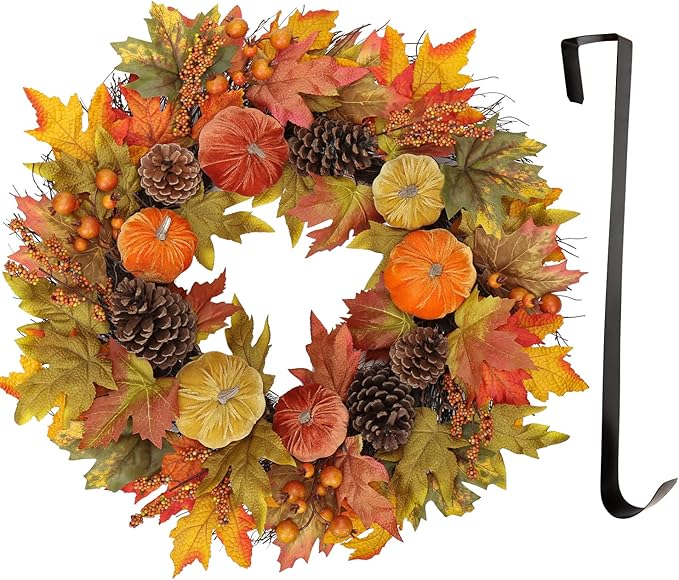 Fall Wreaths for Front Door 26'' Autumn Velvet Pumpkin Wreath with Metal Hook Large Harvest Maple Wreath Fall Decoration for Home Halloween Thanksgiving Decoration, Briful