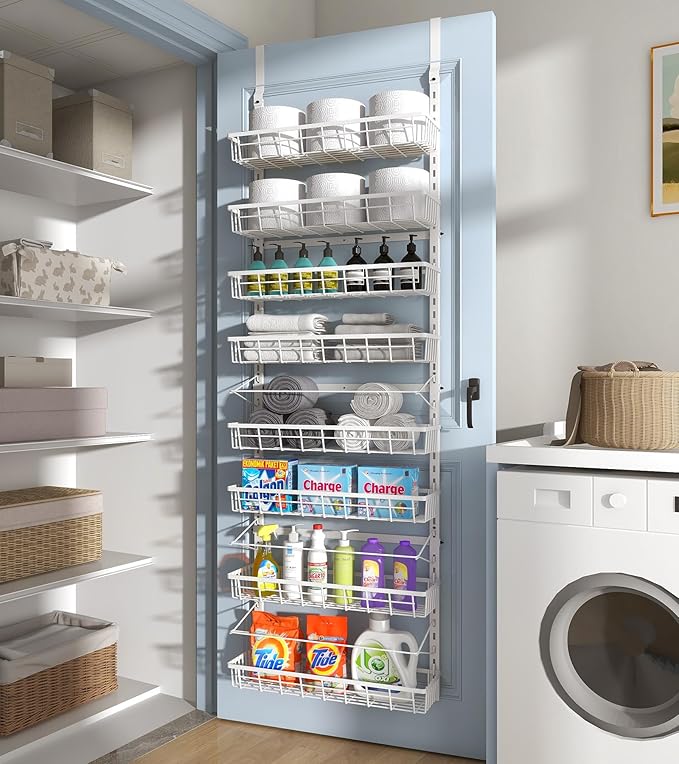 Over The Door Pantry Organizer, Wall Mount Spice Rack, Pantry Hanging Storage and Organization, 8 Adjustable Baskets Heavy-Duty Metal for Home & Kitchen, Back of Door Seasoning Rack - White