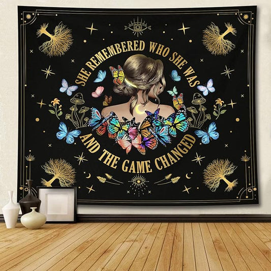 Bapcoku She Remembered Who She Was And The Game Changed Positive Quotes Tapestry Inspirational Gift Wall Decor for Bedroom,Uplifting Encouragement Gifts Butterfly Gifts for Women Teens Girls 60x50in