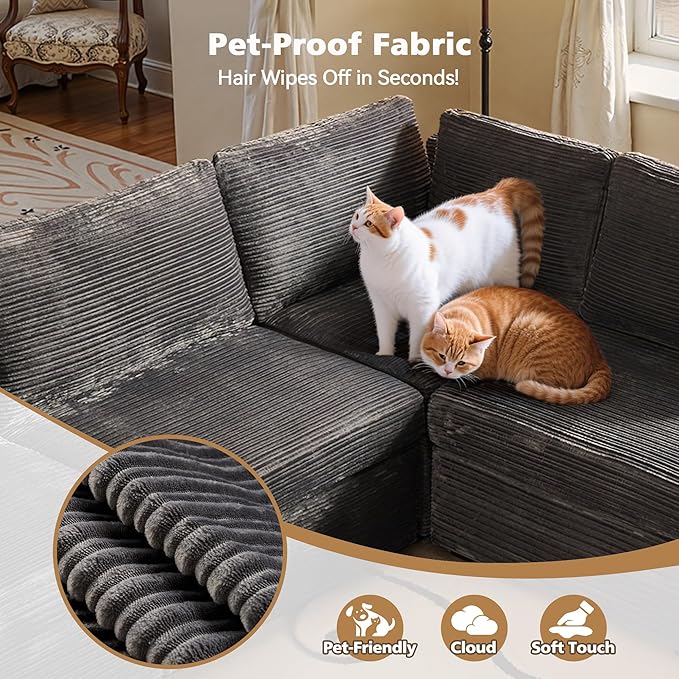 Modular Sectional Sofa, 130.7 Inch U Shaped Couch Set for Living Room, 4-Seater Comfy Cloud Couches with Two Movable Ottoman, Plush Corduroy, Gray
