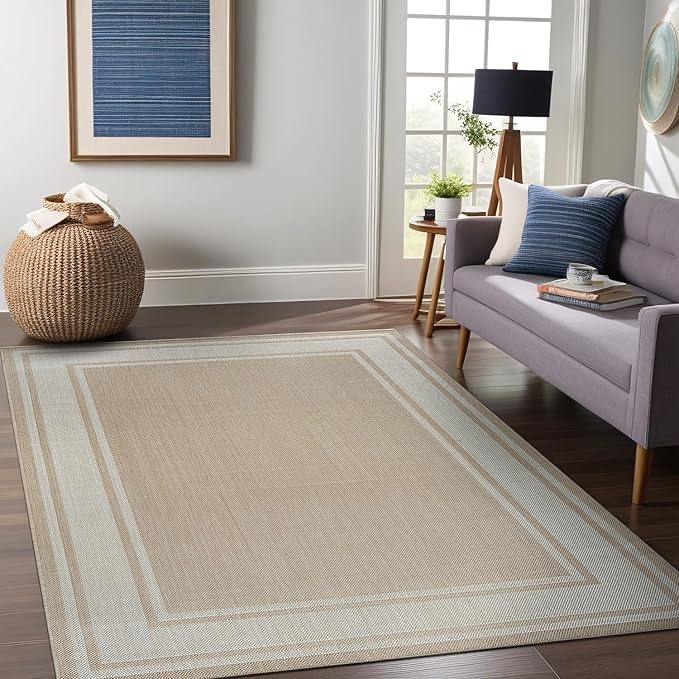 Beverly Rug Large Outdoor Rug 9x12 Modern Bordered Area Rugs for Indoor and Outdoor Patio Deck Porch Garden Waterproof Weather Sun Resistant Washable Outside Carpet (9 x 12 Beige)