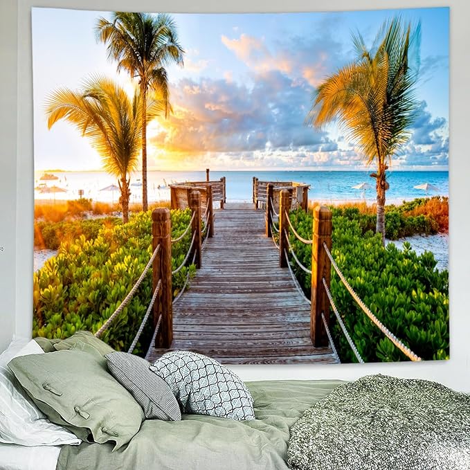 Delur Beach Sunset Tapestry Tropical Seaside Palm Tree Coastal Tapestry Wall Hanging Sunrise Nature Landscape Scenic Psychedelic Headboard for Bedroom Living Room Home Decor (59.1" x 78.7")