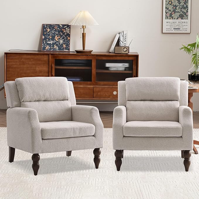 Kidol & Shellder Beige Oversized Accent Chair for Living Room Set of 2 Modern Reading Chair with Back Wide Upholstered Comfy Single Sofa Chair for Bedroom Lounge Side Corner Boucle Fabric Armchair