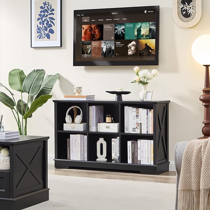 Farmhouse 6 Cube Bookshelf, Black Storage Organizer Bookcase, Kids Toy Storage Cabinet, Long Bookshelves Storage Organizer Shelf, Wood Display Cabinet Book Shelves for Bedroom,Living Room,Office