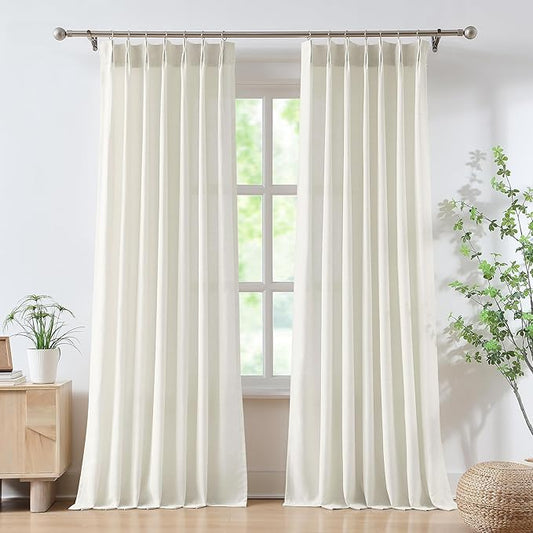 FMFUNCTEX Pinch Pleated Curtains 84 Inches Long for Living Room, Ivory Semi Sheer Faux Linen Textured Pleat Drapes for Bedroom with Hooks, Light Filtering Farmhouse Window Drapes 2 Panels