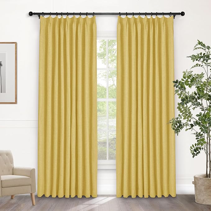 Macochico Yellow 100% Blackout Linen Curtains 96 Inches Long Pinch Pleated Curtains for Bedroom Living Room Nursery Farmhouse Insulated Sound Reducing Drapery with Tieback 84”Wx96”L 1 Panel