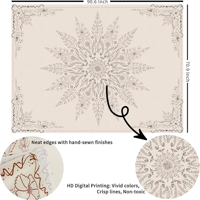 Damanse Floral Tapestry Wall Hanging Cute,Boho Wall Tapestry for Bedroom Aesthetic,Mandala Living Room Decor for Teen Girls (Flaxen, 70.9"x90.6")