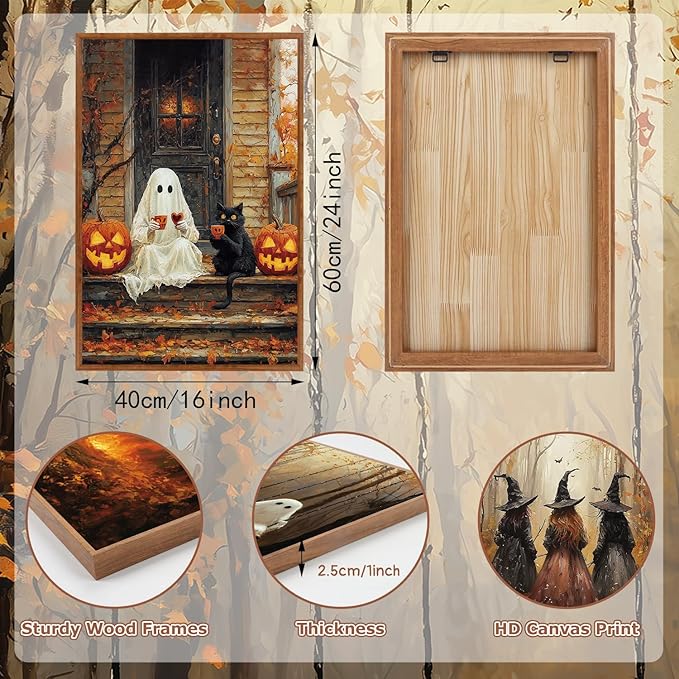 HLNIUC Framed Halloween Canvas Wall Art,Dark Witch Crow Raven Prints,Black Cat Decor,Horror Gothic Ghost Pictures Set of 3 (16"X24") Scary Pumpkin Wall Decor for Party Living Room Bedroom Decoration