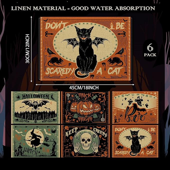Umigy 6 Pcs Halloween Placemats 12"x18" Gothic Bat Placemats Kitchen Decoration Washable Witch Place Mats Rectangle Skull Table Mats for Halloween Dining Table Accessories(Scary)