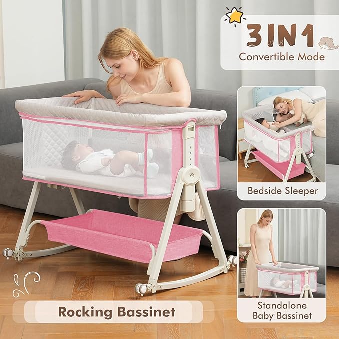 Baby Bassinet Bedside Sleeper for Baby,Bedside Bassinet with Wheels and Storage Basket, 6 Height Adjustable Bedside Crib(Upgrade Pink)