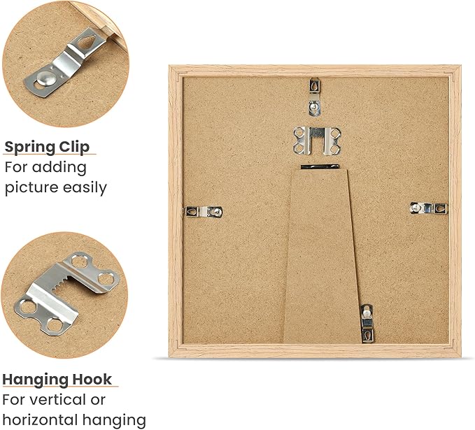 upsimples 8x8 Picture Frames, Natural Solid Wooden Picture Frames, Display 4x4 with Mat or 8 x 8 Without Mat, Wall or Tabletop, 1 Pack, Natural