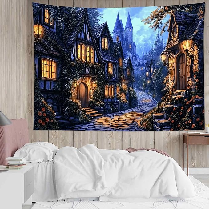 LB Vintage Castle Tapestry, Night Street Old House and Green Tree Wall Tapestry for Bedroom Aesthetic, Village Gothic Wall Art for Living Room Dorm Home Decor Ready to Hanging, 60 x 40 Inches