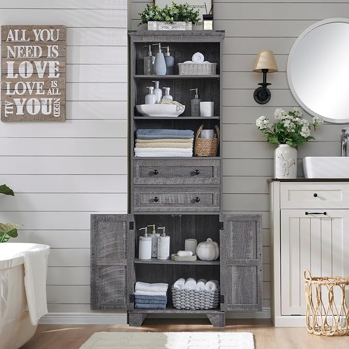 Bathroom Storage Cabinet, 72" Tall Farmhouse Storage Cabinet with 2 Drawers, Adjustable Shelves & Barn Door, Cabinet for Bathroom, Living Room, Kitchen, Grey Wash
