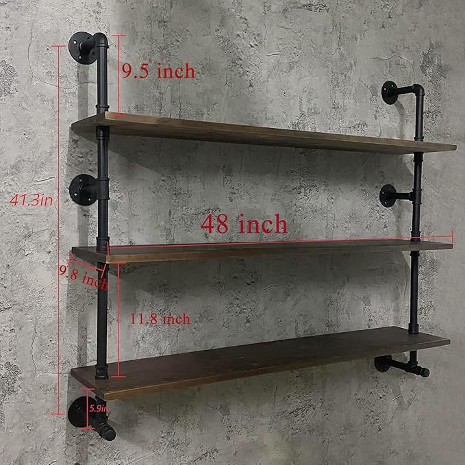 Industrial Pipe Wall Shelves Pipe Shelving with Real Wood Plank ,48 Inches Floating Shelves for Wall Farmhouse Pipe Book Shelves Dark Brown 3 Tier for Kitchen,Living Room Decor and Bar Shelving